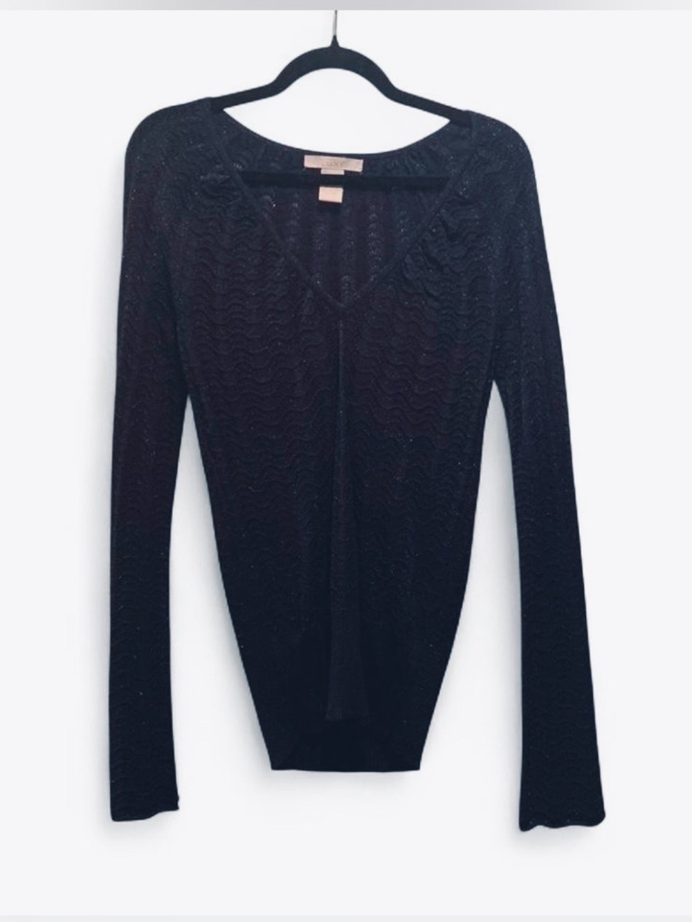 Luxe Midnight Blue V-Neck Long Sleeve Knit Top with silver glitter S